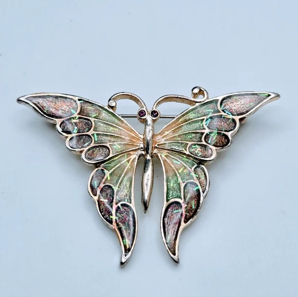 Vintage Enamel Gold Tone Rainbow Art Nouveau Butterfly Brooch - Picture 6 of 6